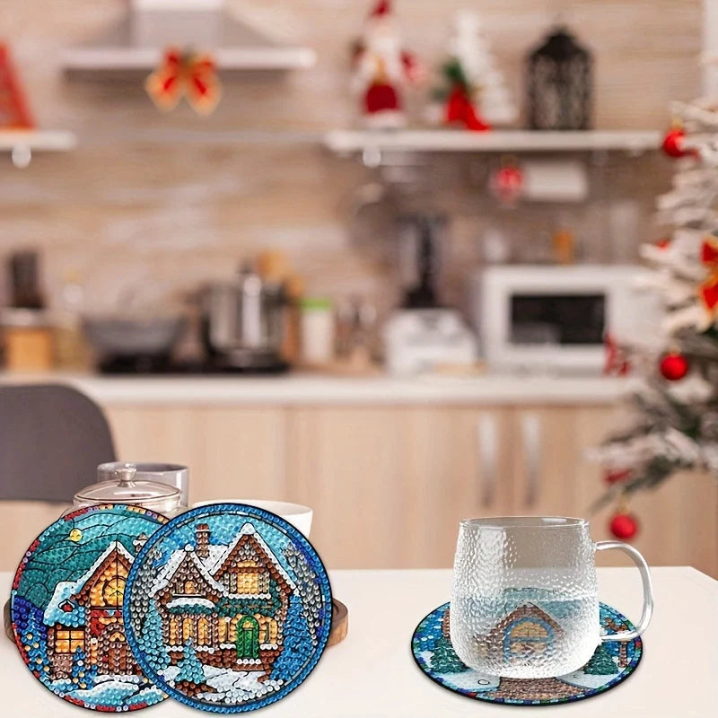 8 pcs set DIY Special Shaped Diamond Painting Coaster | Christmas Snowhouse（ no holder）