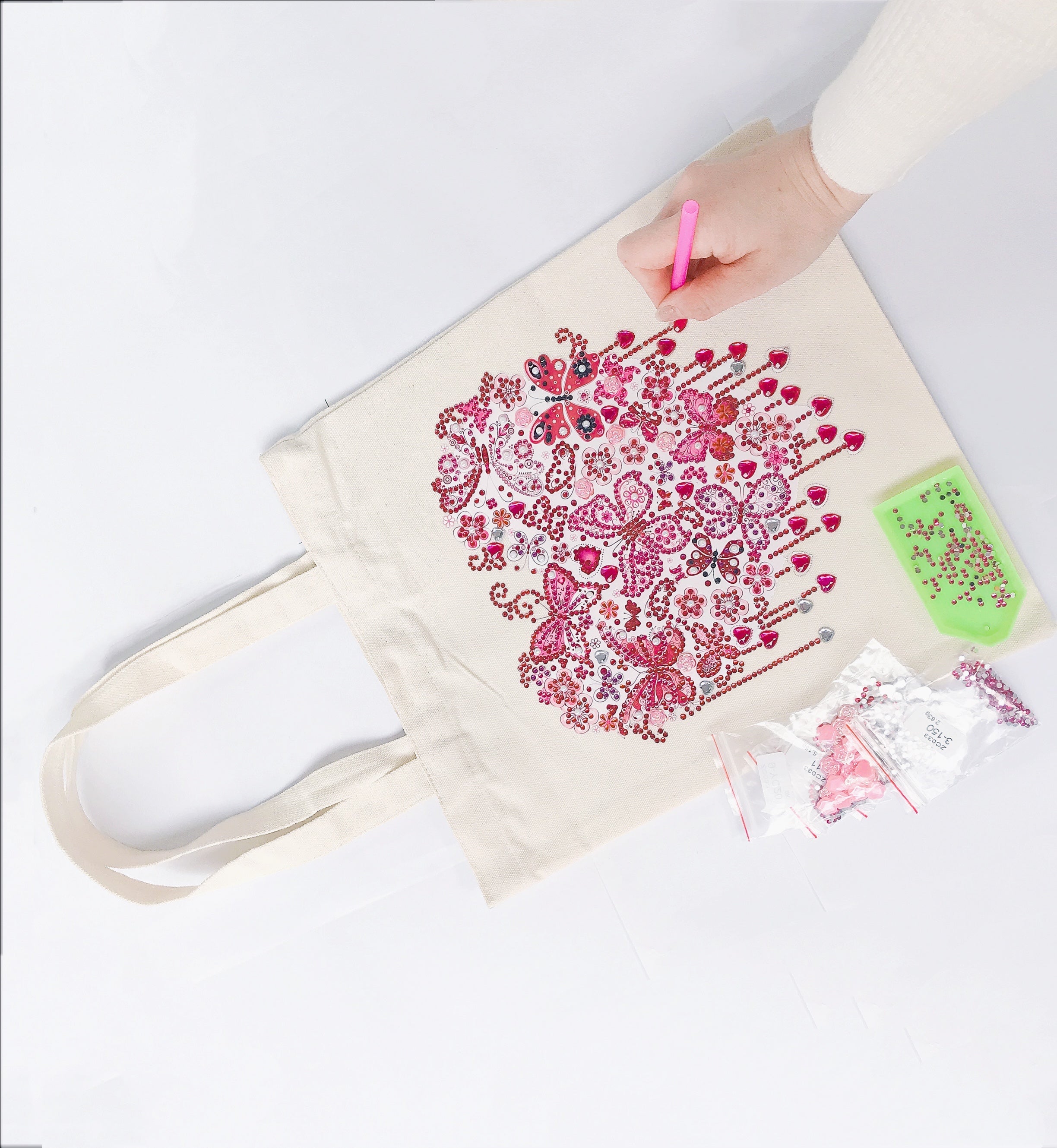 DIY Rhinestone Diamond Painting Pink Butterfly Heart Tote Bag