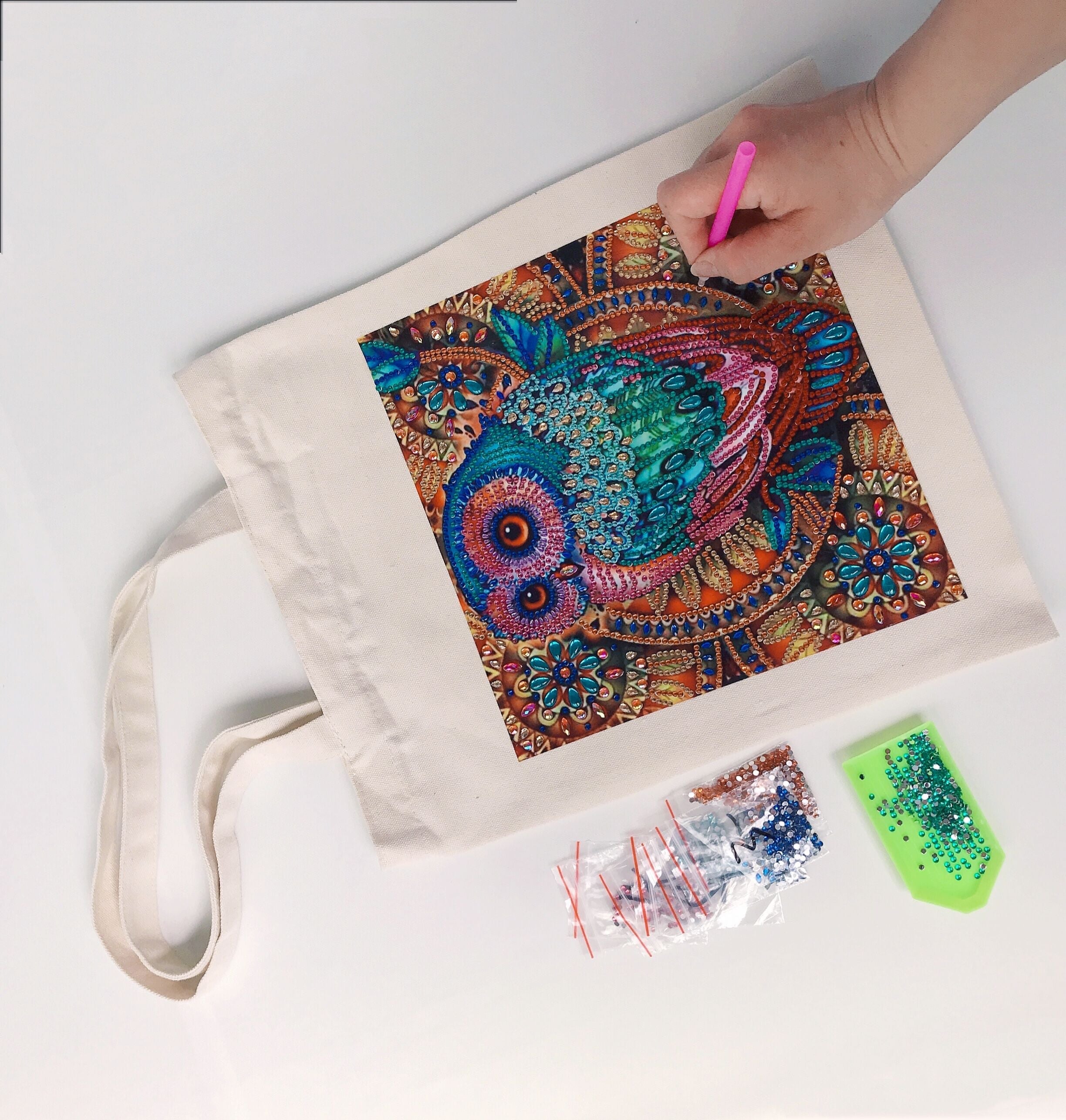 DIY Rhinestone Diamond Painting Owl Tote Bag