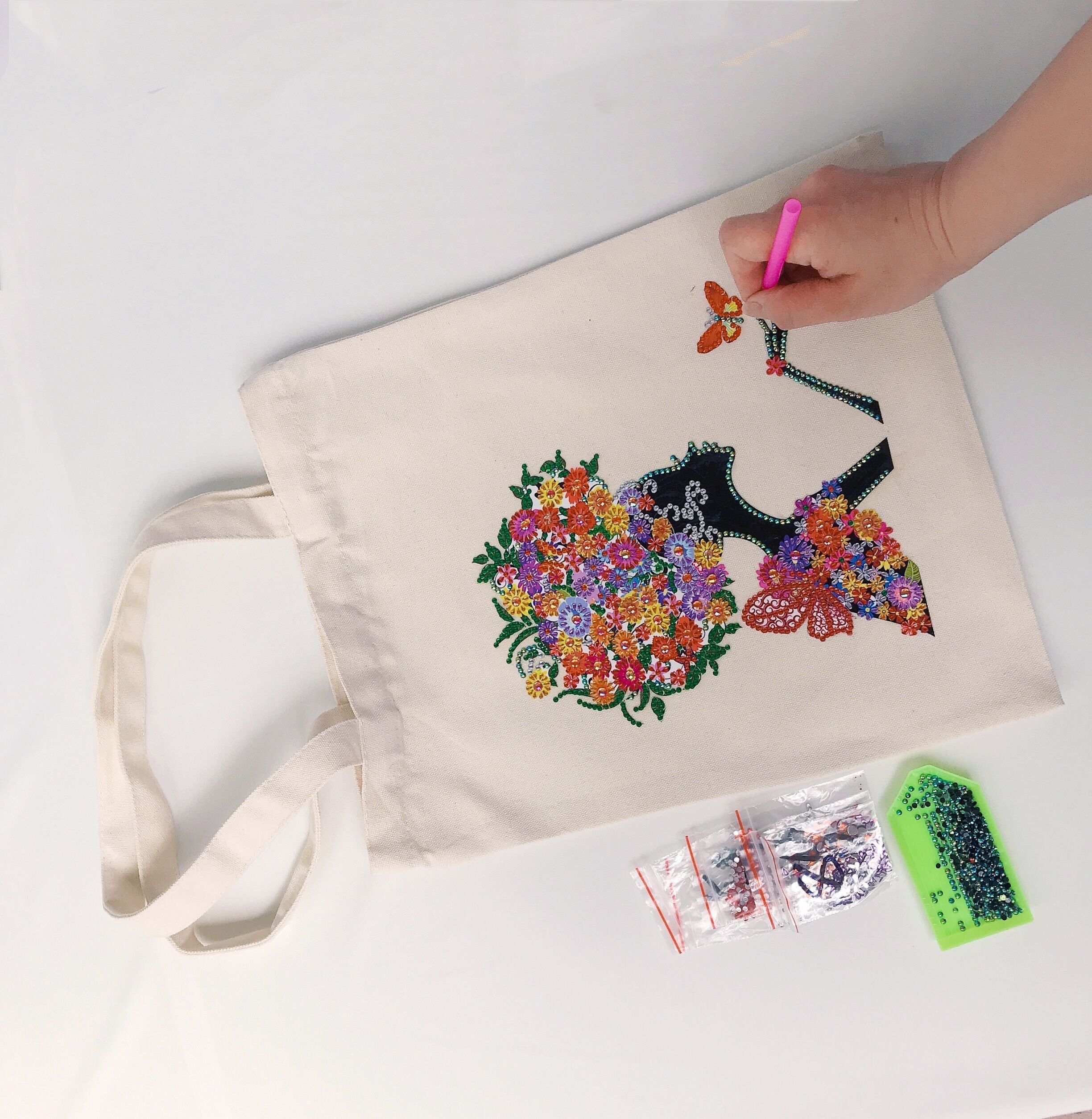 DIY Rhinestone Diamond Painting Flower Woman Tote Bag