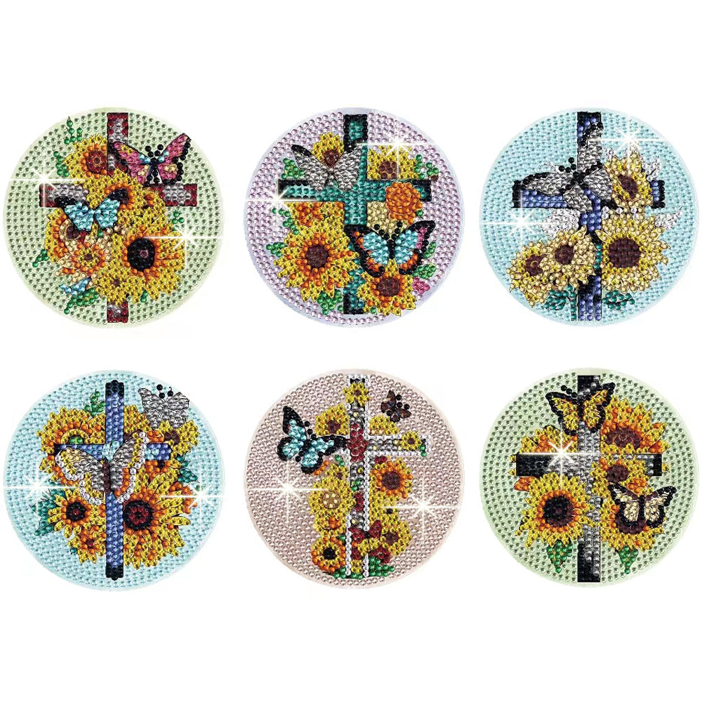 6 pcs set DIY Special Shaped Diamond Painting Coaster  | sunflower cross(no holder)