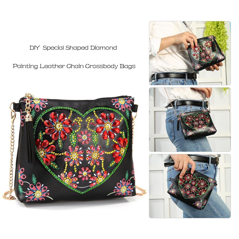 DIY Heart Flower Special Shaped Diamond Painting Leather Chain Shoulder Bag