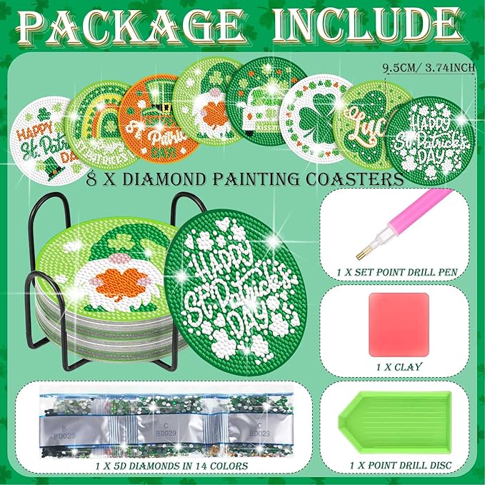 8 pcs set DIY Diamond Painting Coaster | Patrick's Day