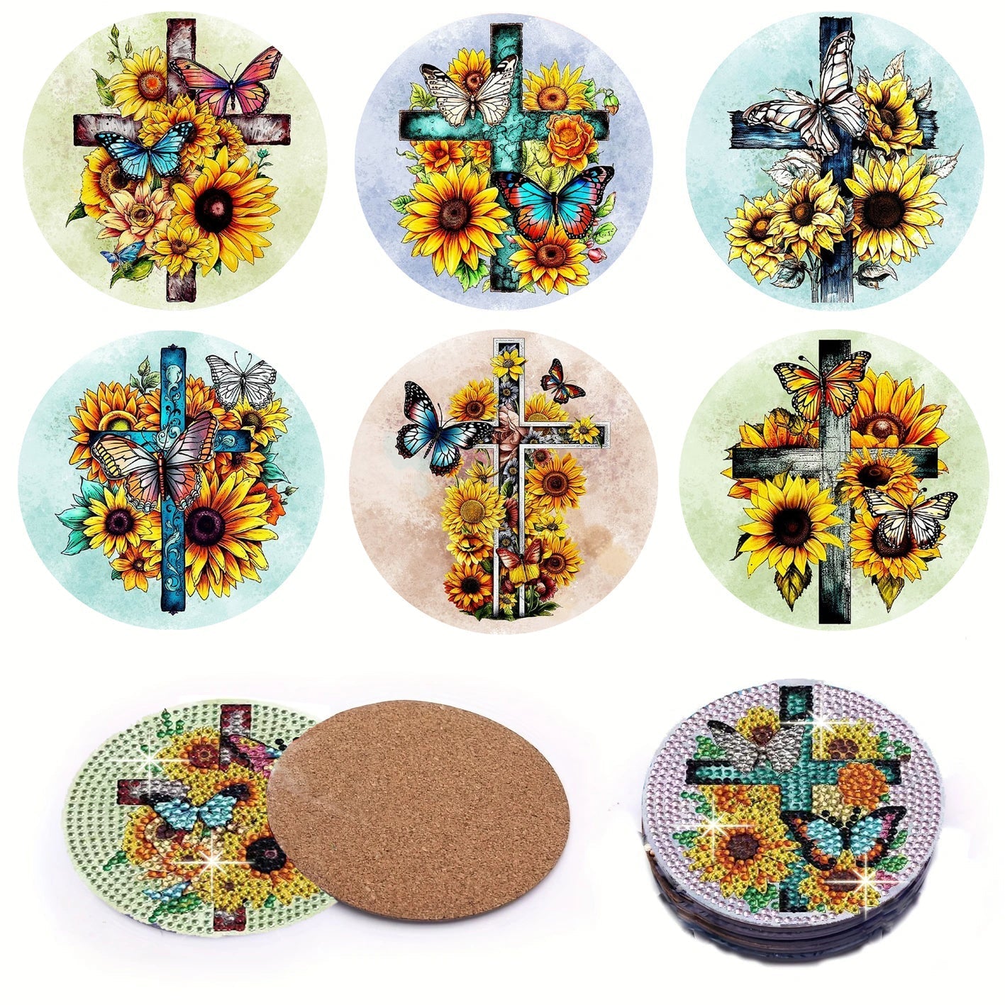 6 pcs set DIY Special Shaped Diamond Painting Coaster  | sunflower cross(no holder)