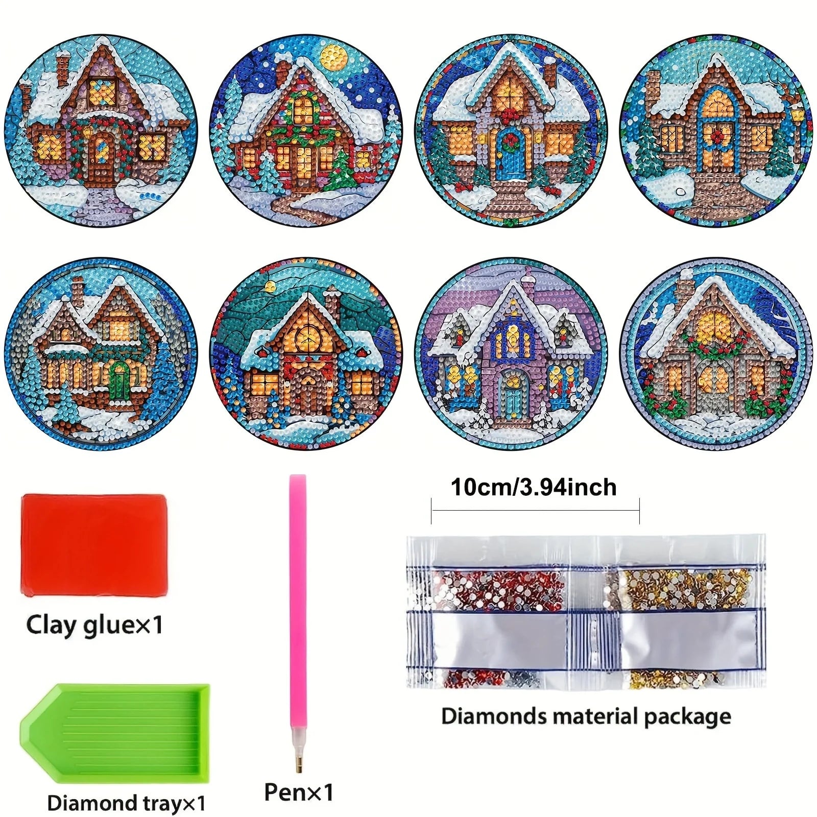 8 pcs set DIY Special Shaped Diamond Painting Coaster | Christmas Snowhouse（ no holder）